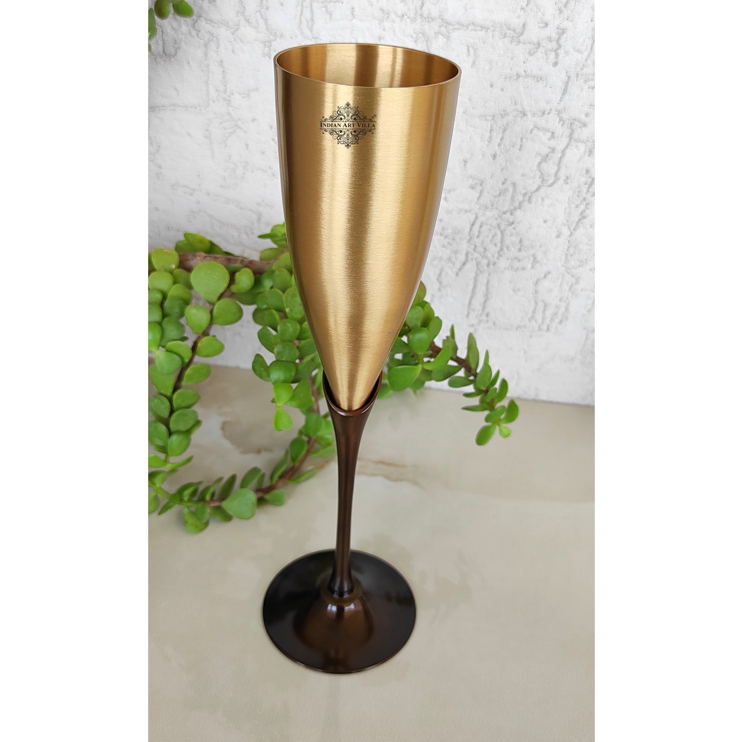 Brass Matt Finish Plain & Embossed Design Flute Champagne, 2 Glasses - 200 ML